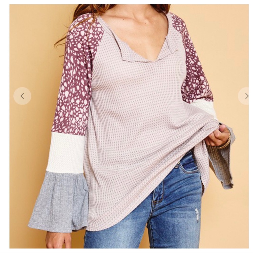 #14 Bell Sleeves Raglan Contrast Color Block Tunic - Picture 4 of 6